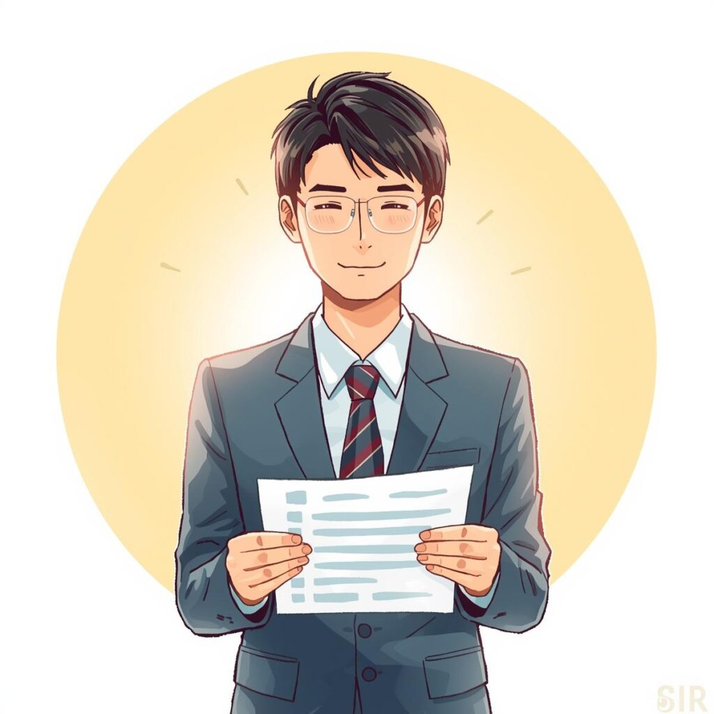 完成した履歴書を手にして安心した表情を見せる日本人の求職者