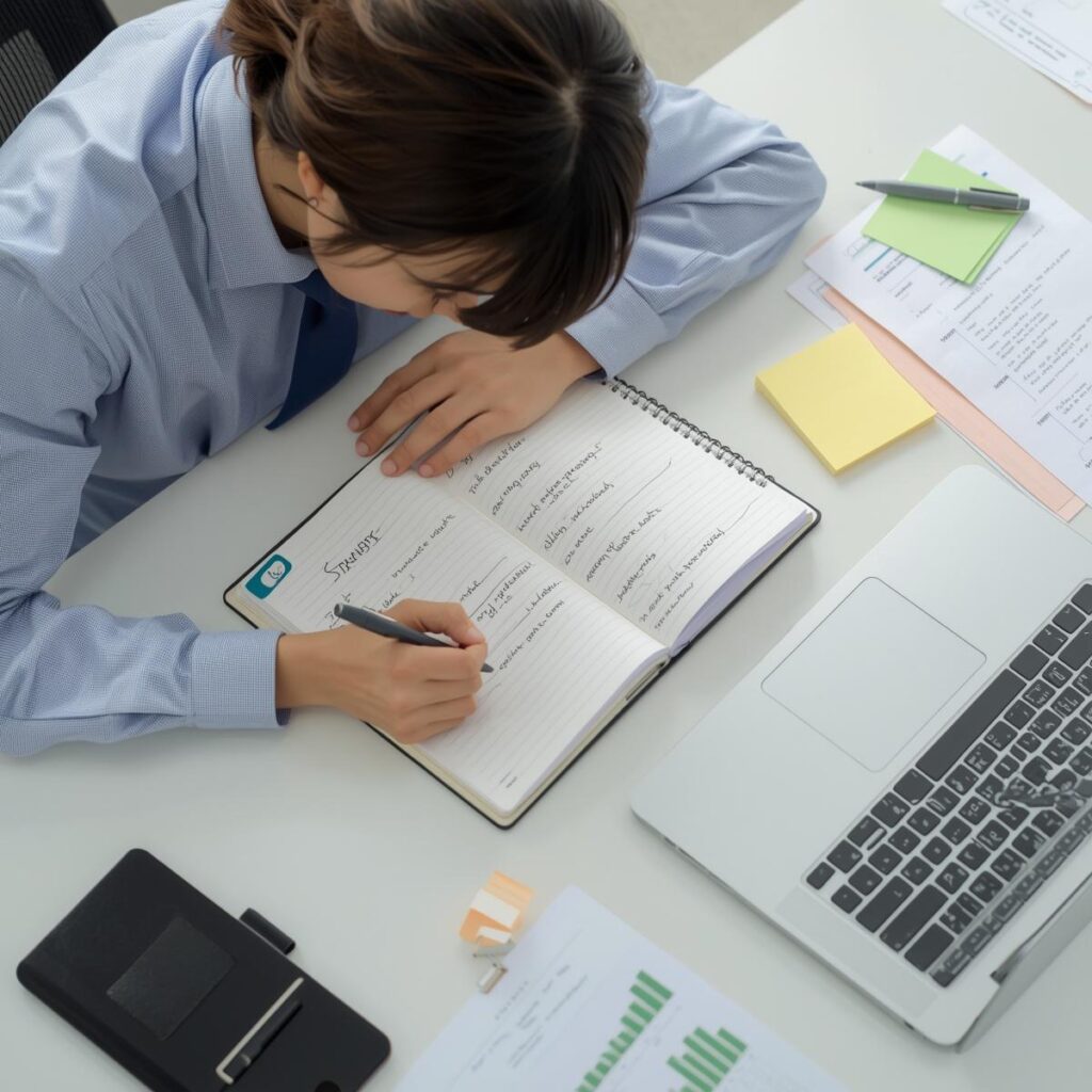 ノートに強みや経験を書き出しながら自己PRを整理する日本人の求職者