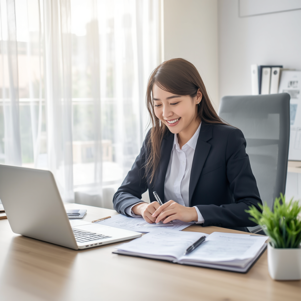 自宅のデスクでノートパソコンとメモを広げ、面接対策の準備をしている会社員の様子。明るめの自然光、前向きな雰囲気。テキスト不要。写真風リアルイラスト。