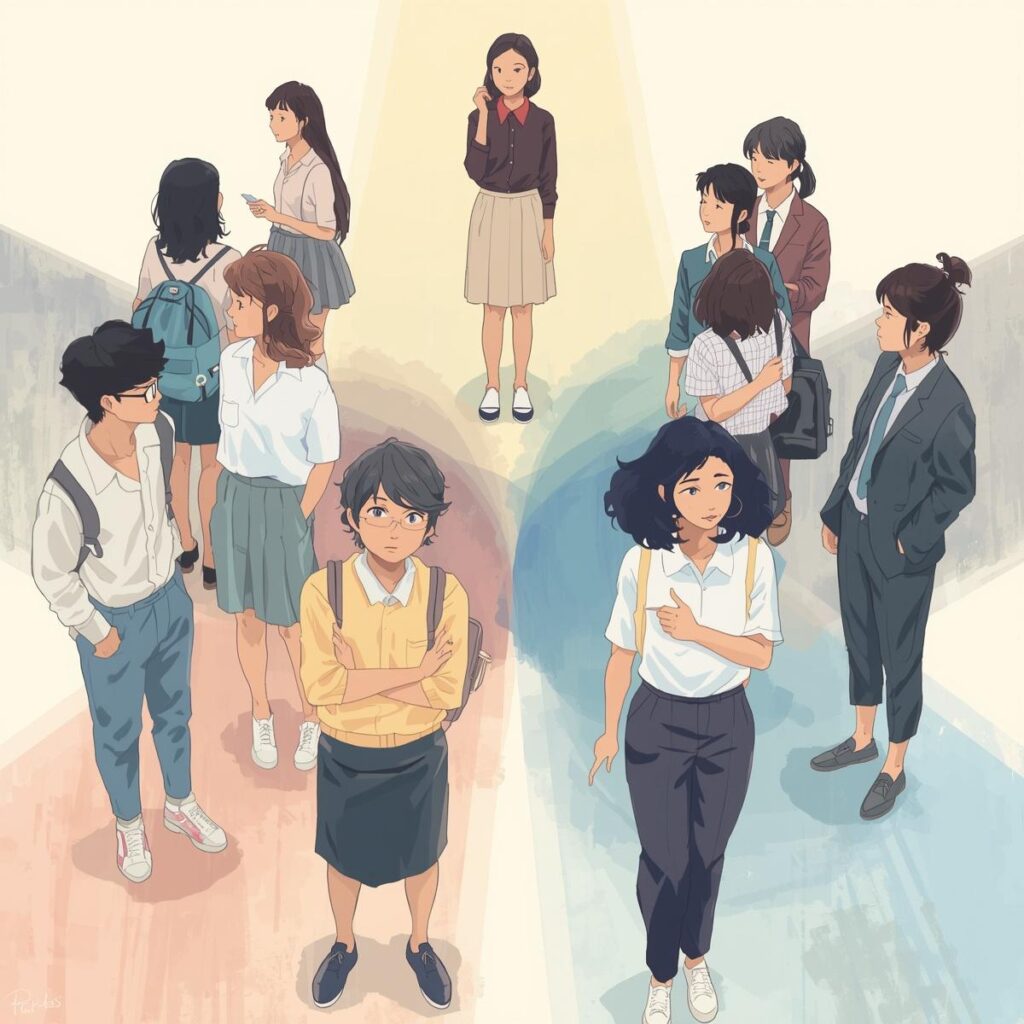 自分に合った進路を選ぶ分岐点に立つ人たちのイメージ