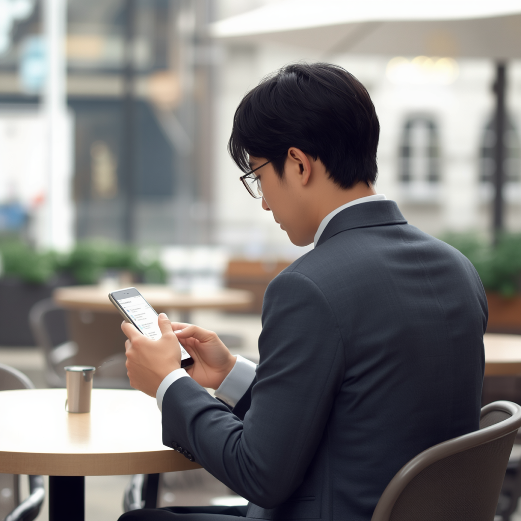 会社に知られないよう休憩中にスマートフォンで転職活動を進める会社員の様子