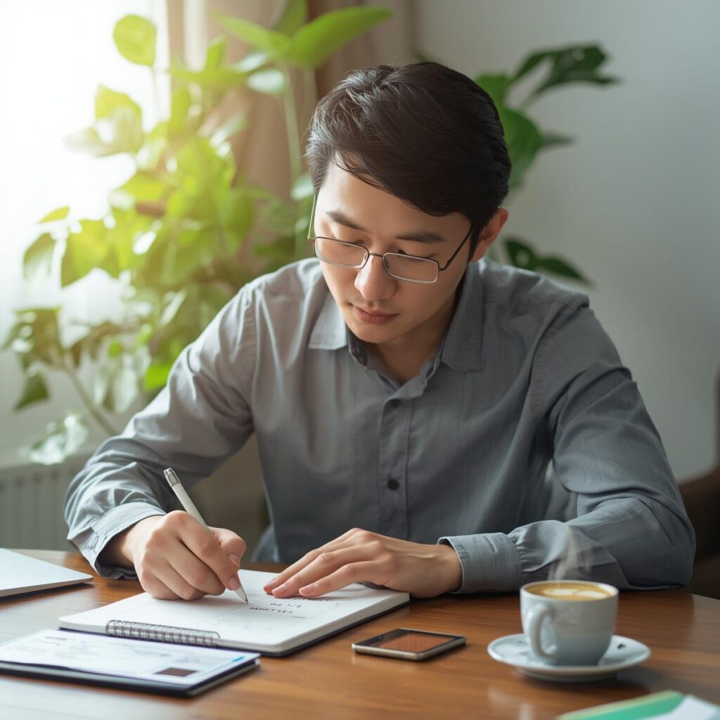 40代が転職後の自信喪失から立て直すための3か月行動計画をノートに書いているイメージ