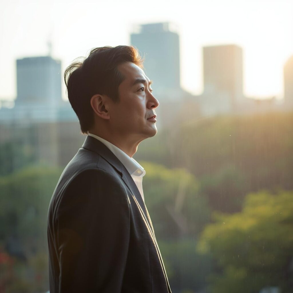 転職後の判断基準を整理して前向きになった40代男性が明るい窓際に立っているイメージ
