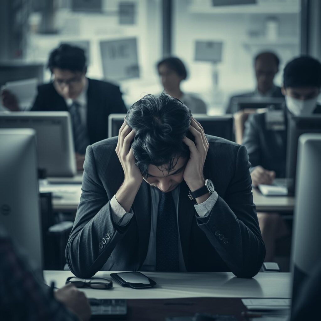 転職後の40代がオフィスで孤立感を感じているイメージ。周囲との評価ギャップを表現