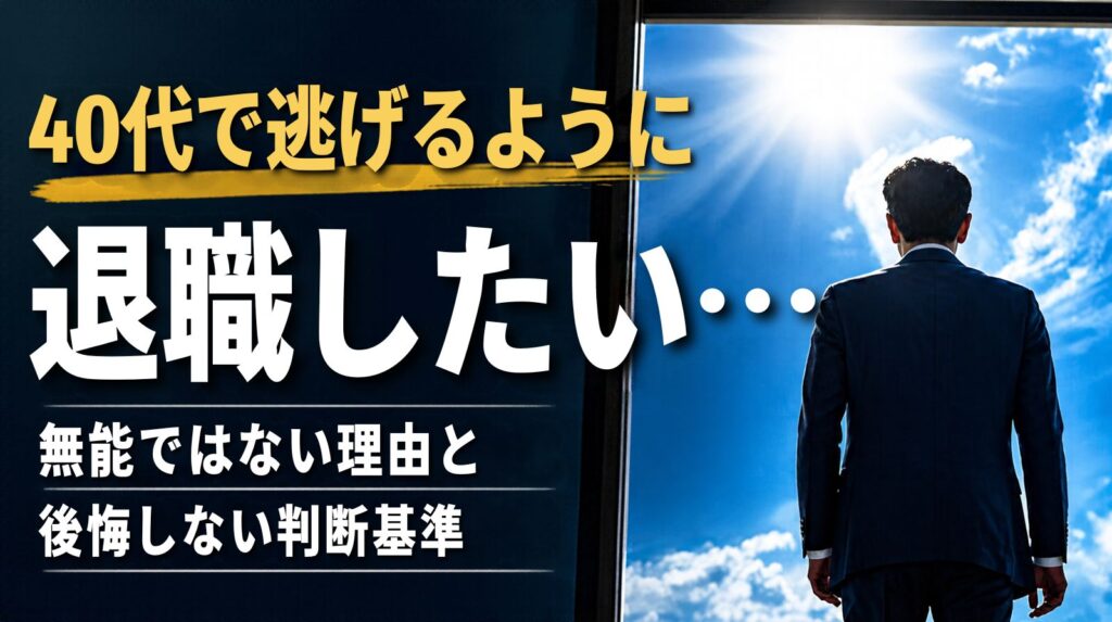 40代の会社員がデスクでうつむき、退職を考えながら限界を感じている様子を描いたイラスト