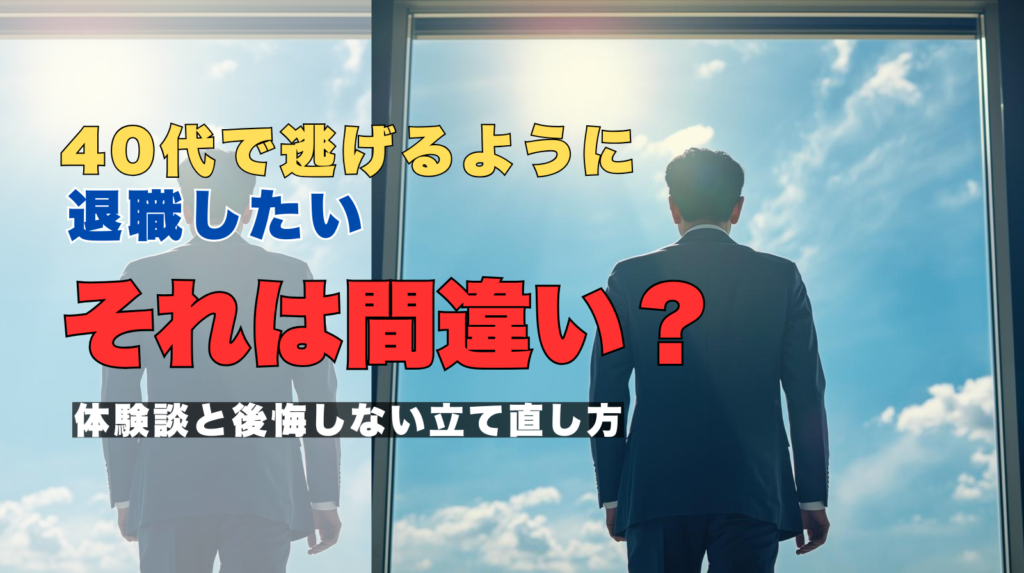 40代の会社員がデスクでうつむき、退職を考えながら限界を感じている様子を描いたイラスト