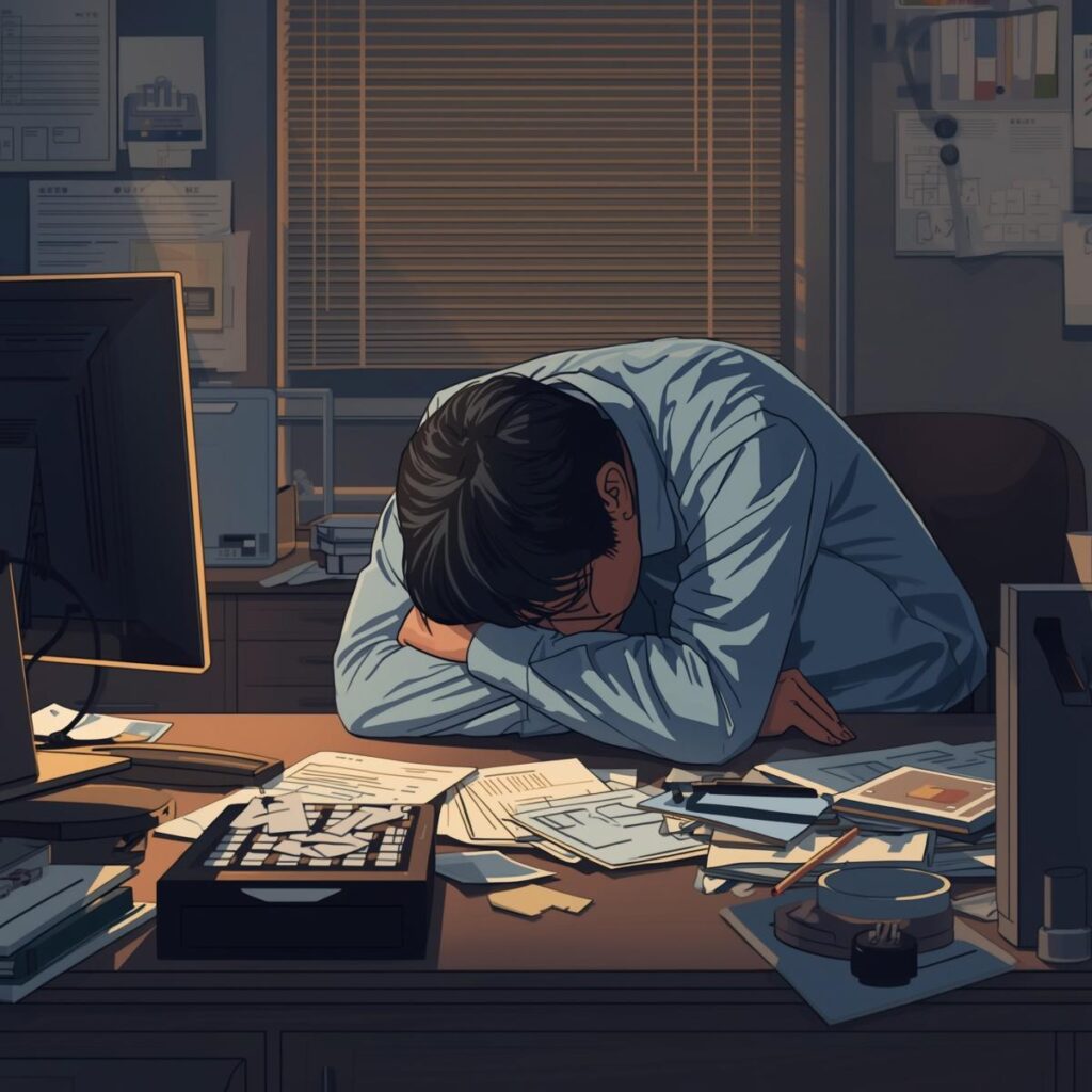 疲れ果てて机に伏せる40代会社員のイメージイラスト