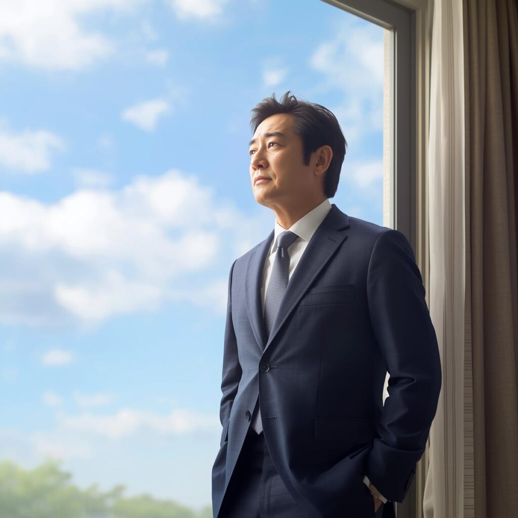 朝の光の中で静かに決意する40代男性ビジネスパーソン