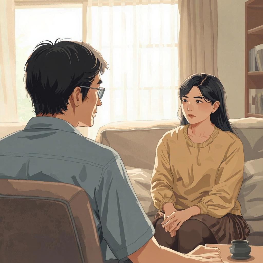 退職について家族と話し合う40代男性