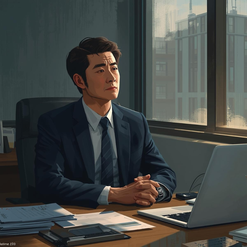 夜のオフィスで疲れた表情の40代男性ビジネスパーソン