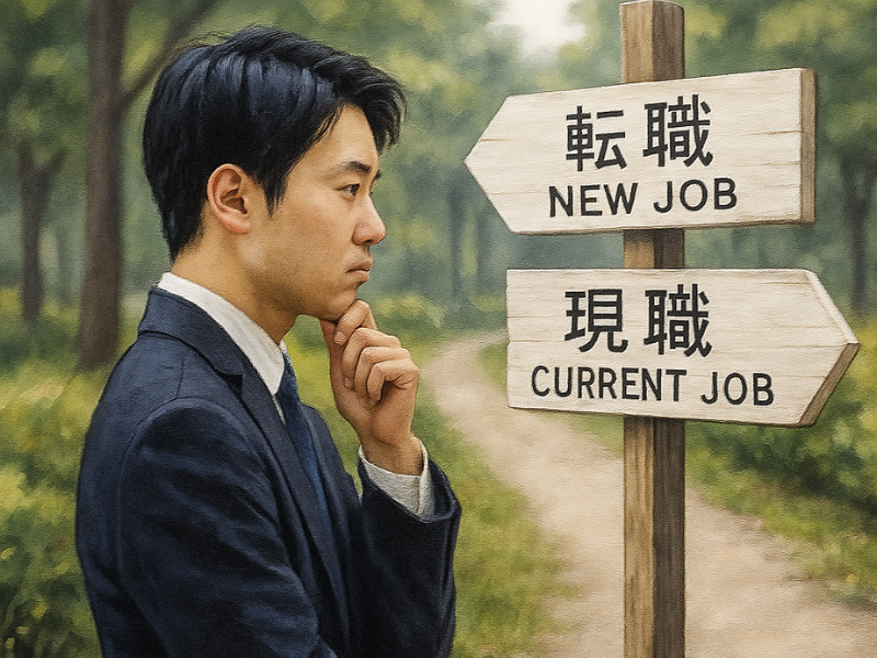 分かれ道の看板を前に立ち止まる人物(「転職」「現職」などの矢印がある)