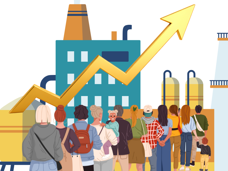 工場の前に多くの人々が並び、上向きの矢印が描かれたイラスト。