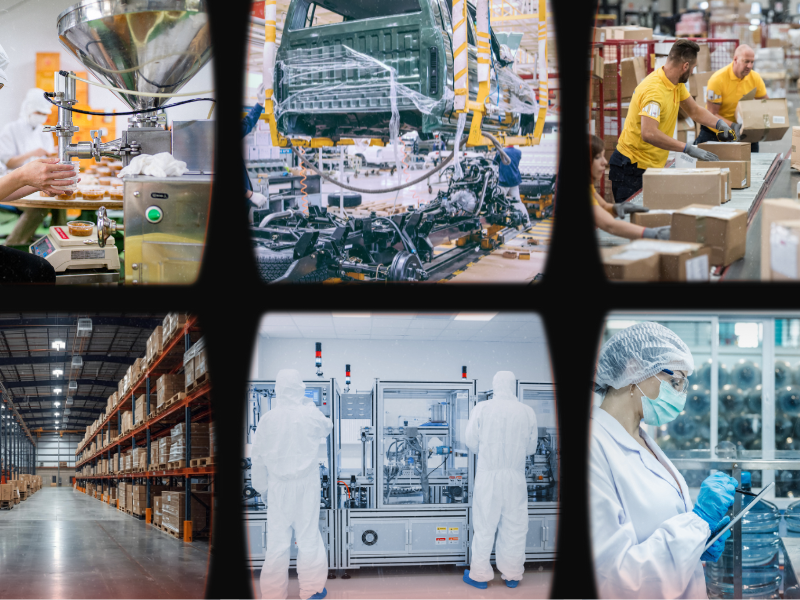 工場や製造現場の作業風景をまとめたコラージュ画像。