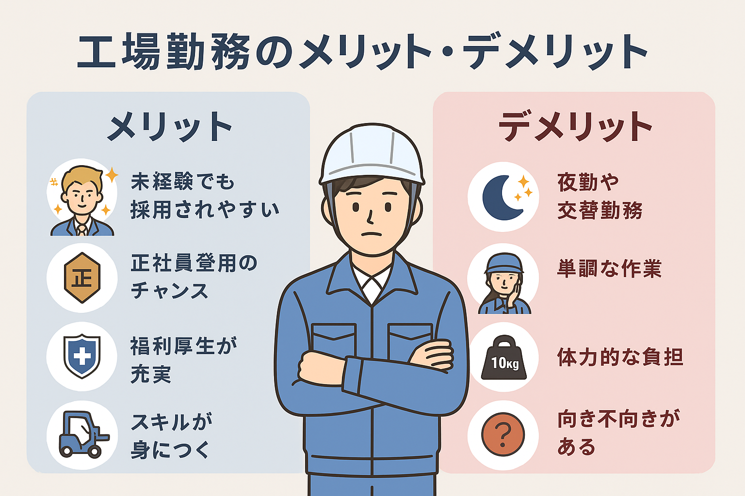 工場勤務のメリット・デメリットを比較したイラスト。左側には『未経験でも採用されやすい』『正社員登用のチャンス』『福利厚生が充実』『スキルが身につく』などのメリット、右側には『夜勤や交替勤務』『単調な作業』『体力的な負担』『向き不向きがある』などのデメリットが描かれ、中央に作業服を着た工場労働者が立っている。