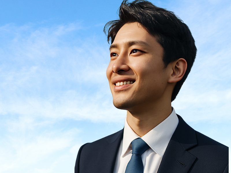 前を向いて歩き出す人物、スーツ姿で明るい表情、背景に光が差している