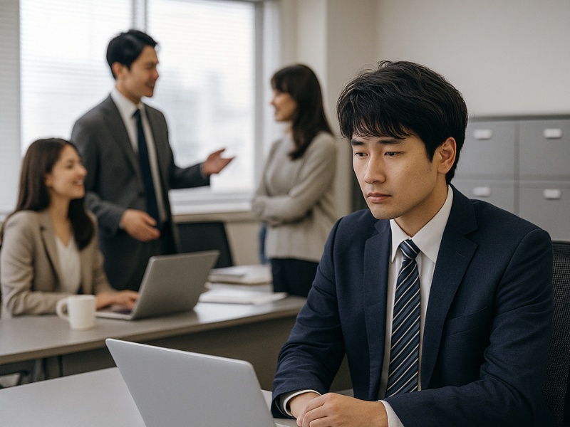 デスクに一人で座り、周囲が談笑している