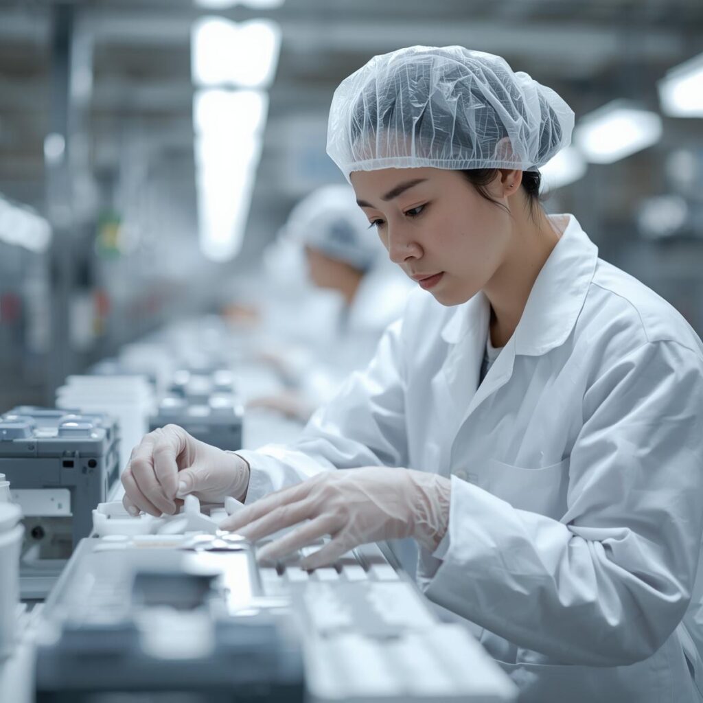 工場の検査ラインで製品を丁寧に確認する女性作業員