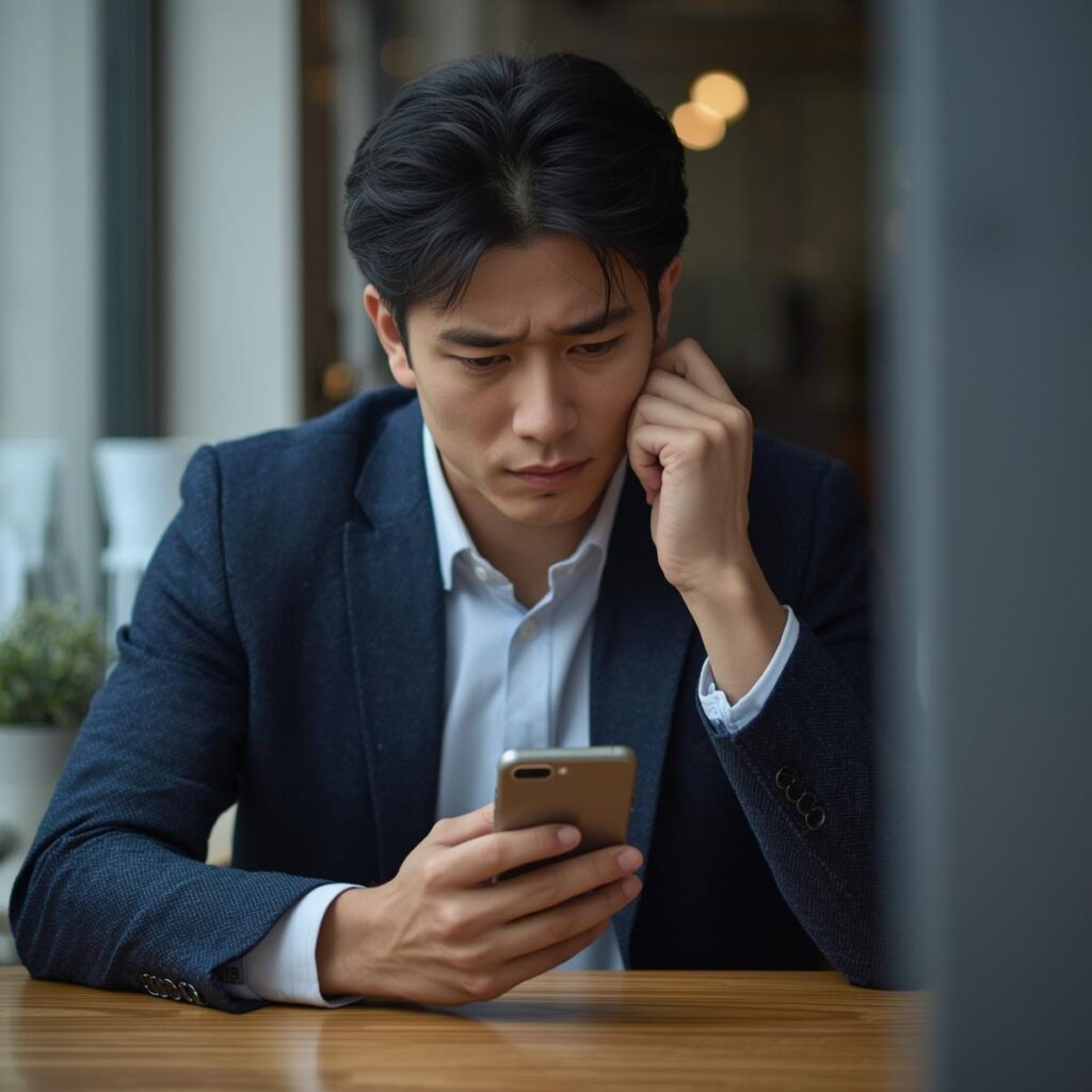 工場転職を検討してスマートフォンで求人を調べる男性