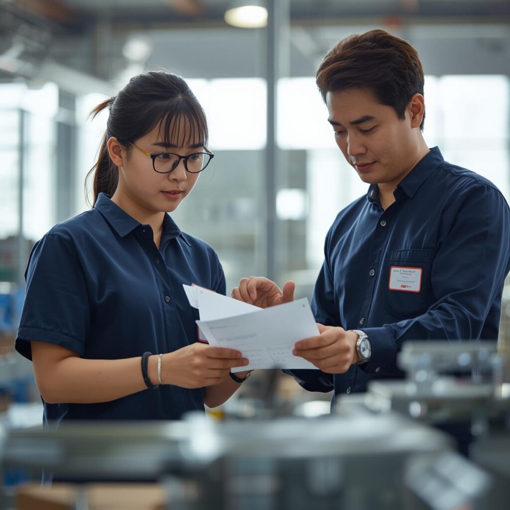 未経験者が工場で先輩から指導を受けている様子