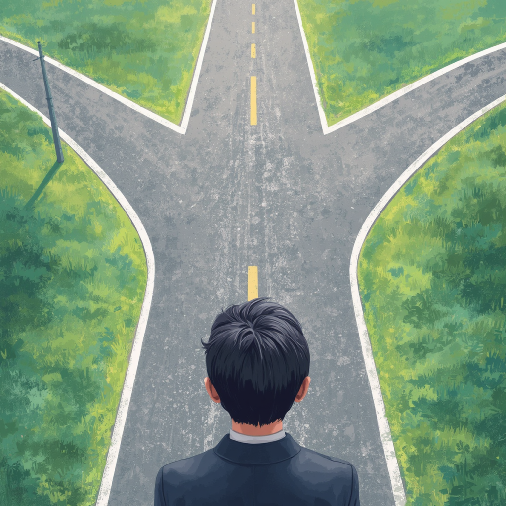 社内異動・転職・休職という3つの選択肢の分かれ道を表すイメージ