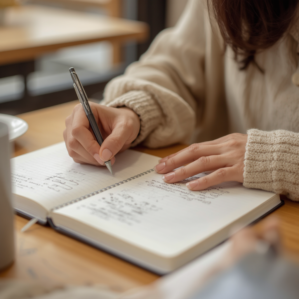 自分の強みや今日できたことをノートに書き出している様子