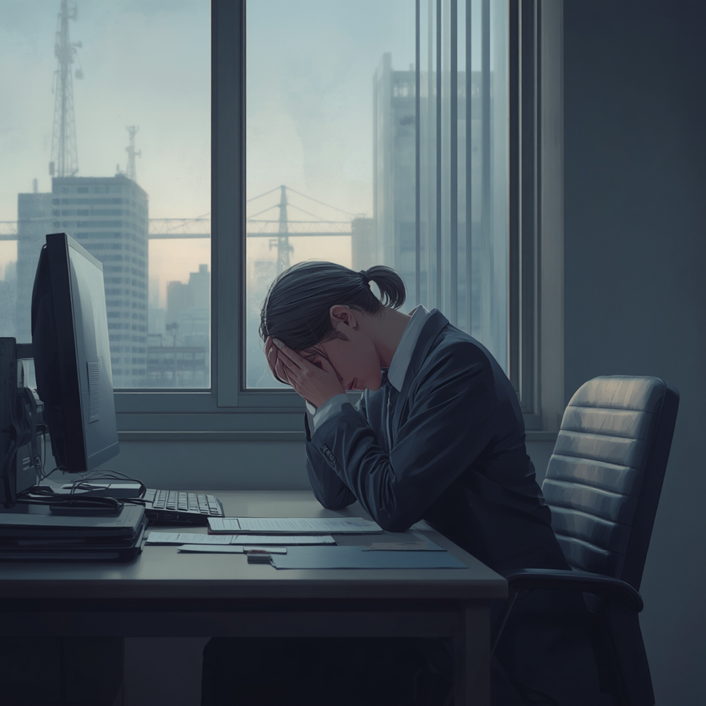 仕事で自信を失い、デスクで一人考え込む会社員の様子