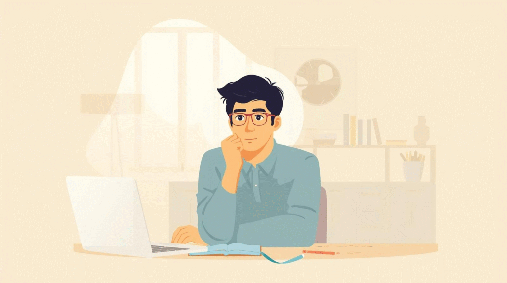 パソコンの前で考え込む男性のイラスト。ノートとペンが机に置かれ、落ち着いたベージュ色の背景が広がっている。