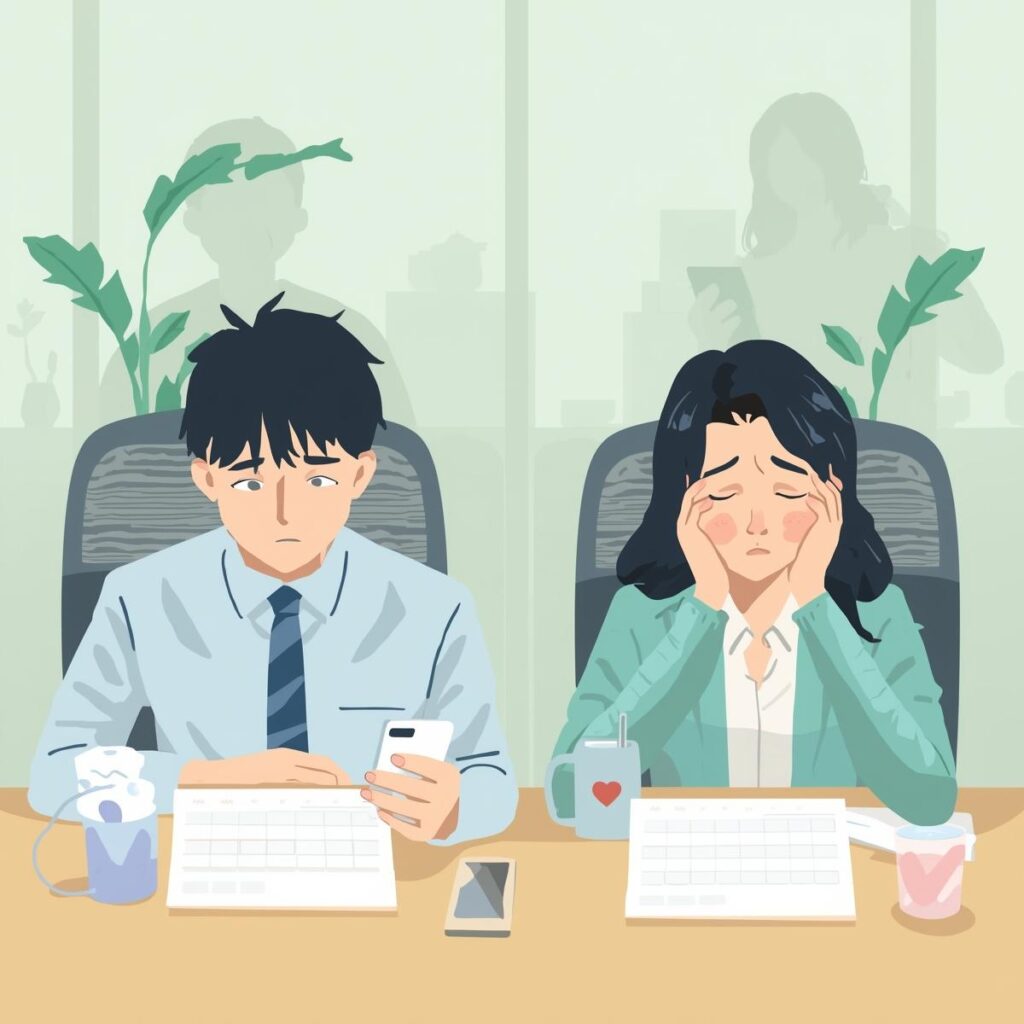 転職活動で休みすぎることに不安を感じ、カレンダーやスマホの予定表を見ながら悩むビジネスパーソン。休暇が多いことで起きるリスクをイメージしたオフィスシーン