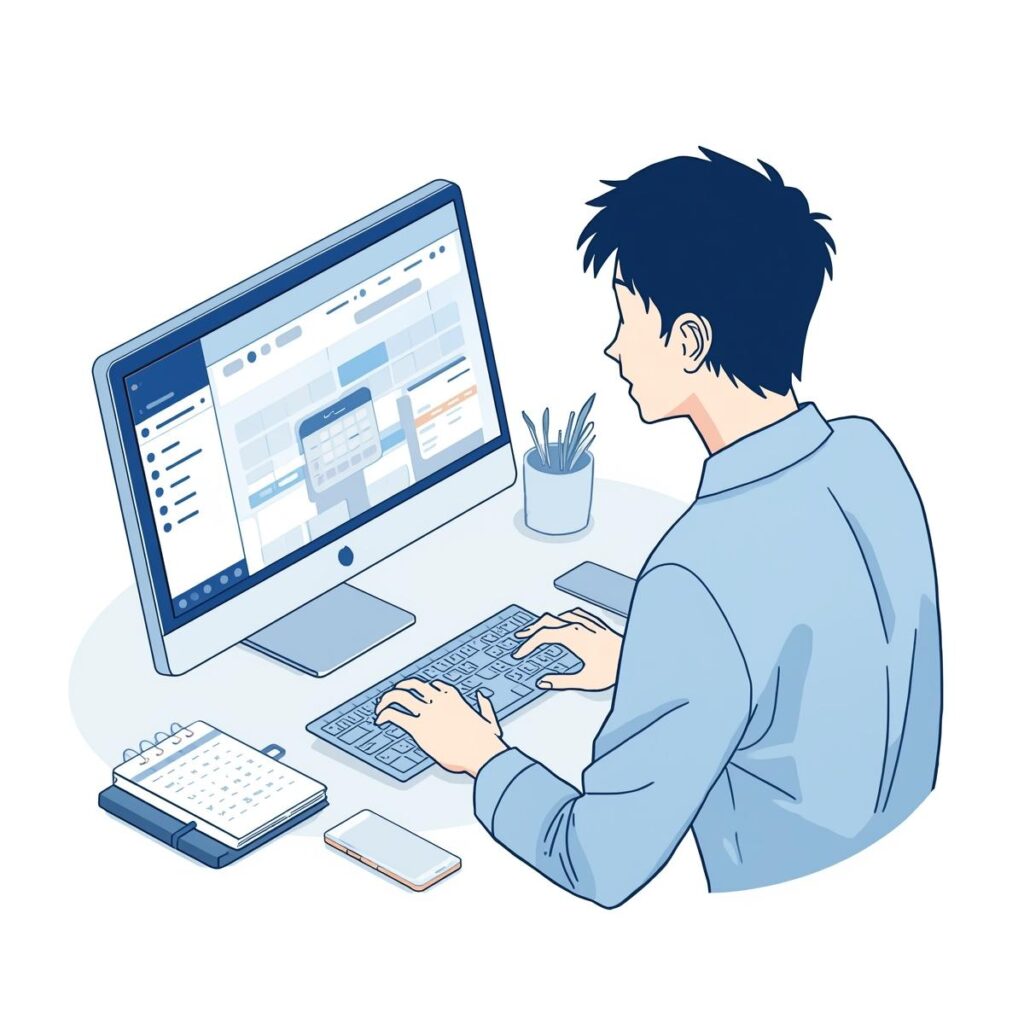 転職活動で有給を使いすぎないよう、オンラインでエージェントのサポートを受けながら予定を調整する会社員