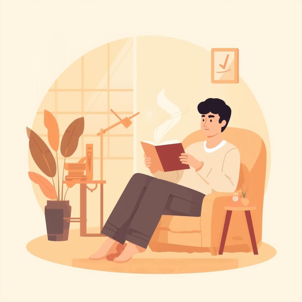 ほっこり習慣として、日記を書きながらリラックスする日本人の温かい雰囲気のイラスト。