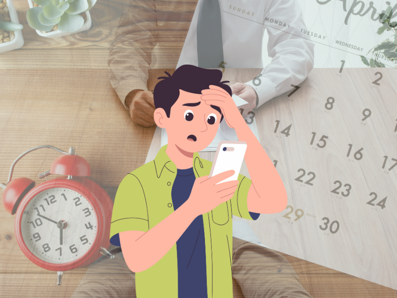 転職面接の日程が合わずに悩む20代男性。カレンダーと時計を背景に、スケジュール調整に困っている様子を描いたイラスト。