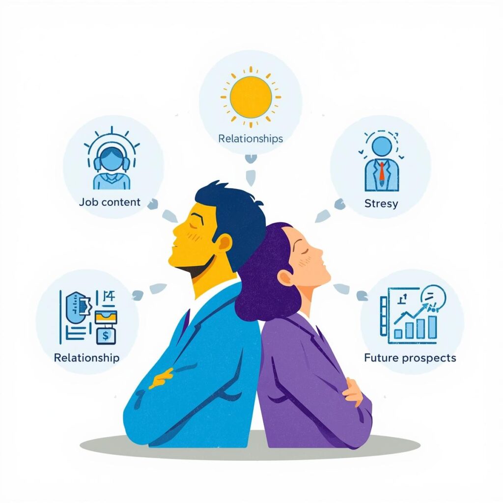 仕事が楽しくない原因を5つのアイコンで示し、悩む日本人会社員を描いたイラスト。