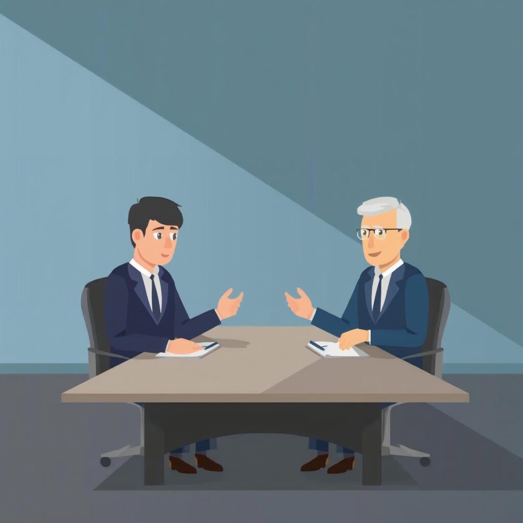 円満退職を実現するために、上司と落ち着いて話し合うビジネスパーソンのイメージ。誠実で丁寧なコミュニケーションを行う会議室シーン