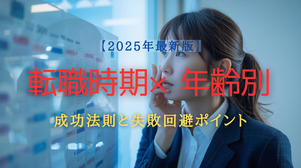 転職の時期に迷う20〜40代の社会人が、カレンダーと採用時期のグラフを見ながら悩んでいる様子を描いたビジネス系イラスト。