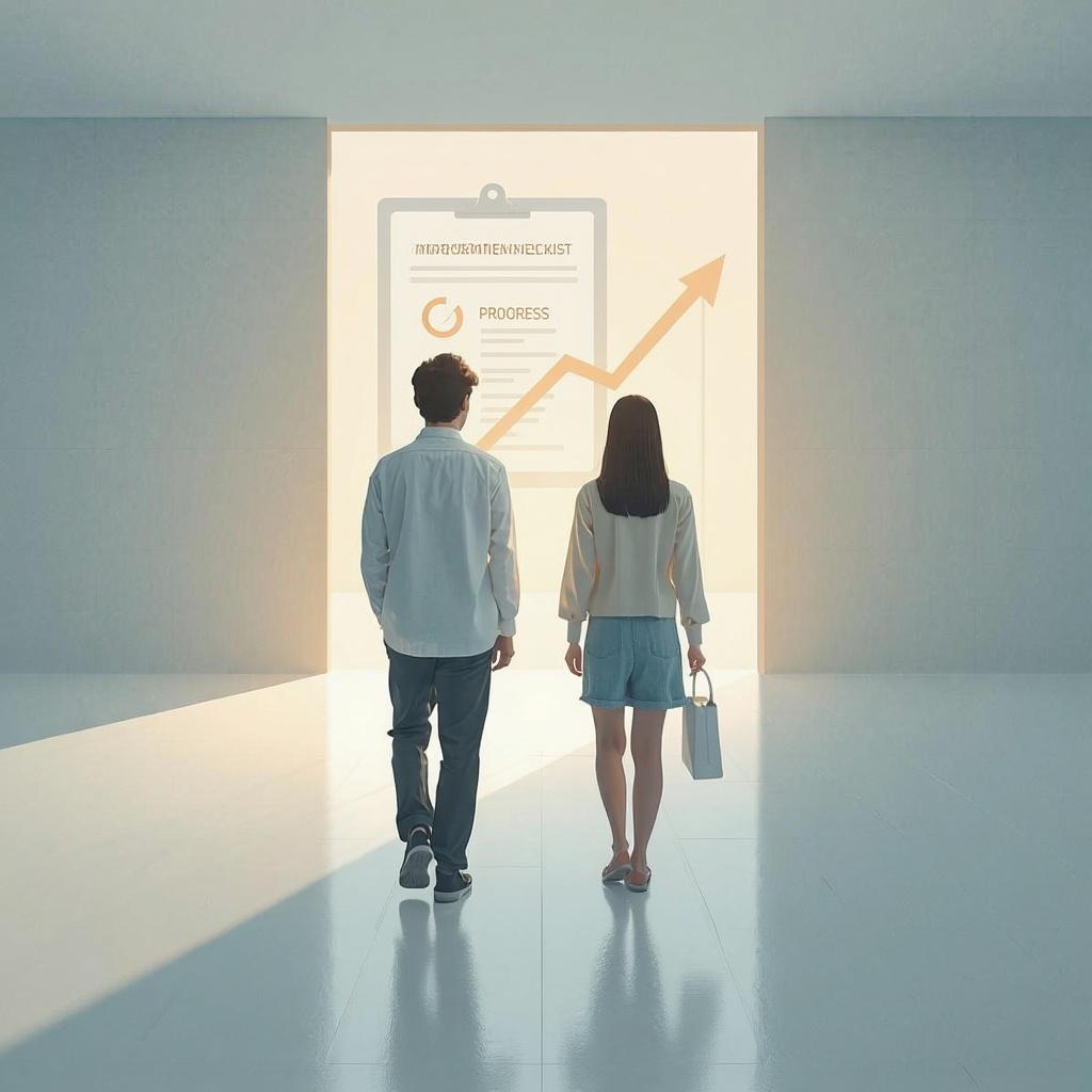 明るい未来に向かって歩く若い男女の後ろ姿を描いたイラスト。