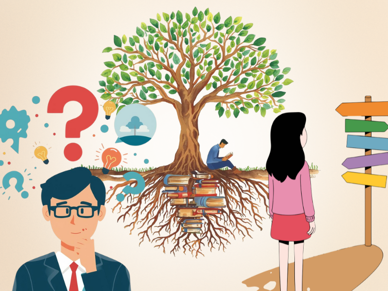 大きな木の根に本が埋まり、男性が読書している様子。左には考える男性、右には女性と道しるべが描かれ、学び・成長・進路選択を象徴しているイラスト。