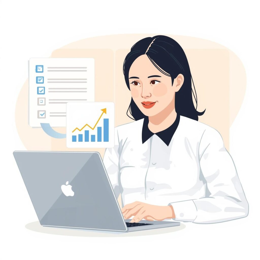 日本人のビジネスパーソンがパソコンで職務経歴書を作成し、チェックリストや成長アイコンを確認しているイラスト