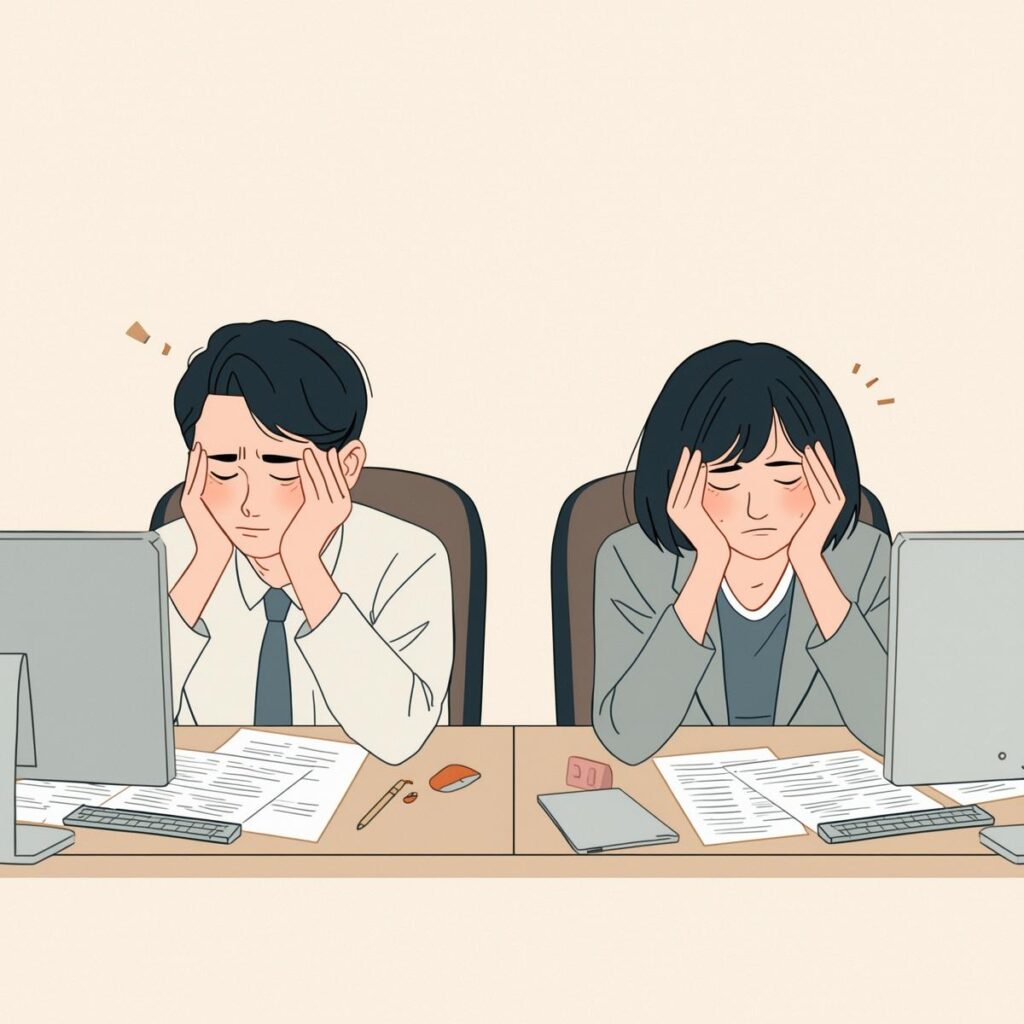 仕事が楽しくないと悩む日本人の会社員がデスクでため息をつく様子のイラスト。