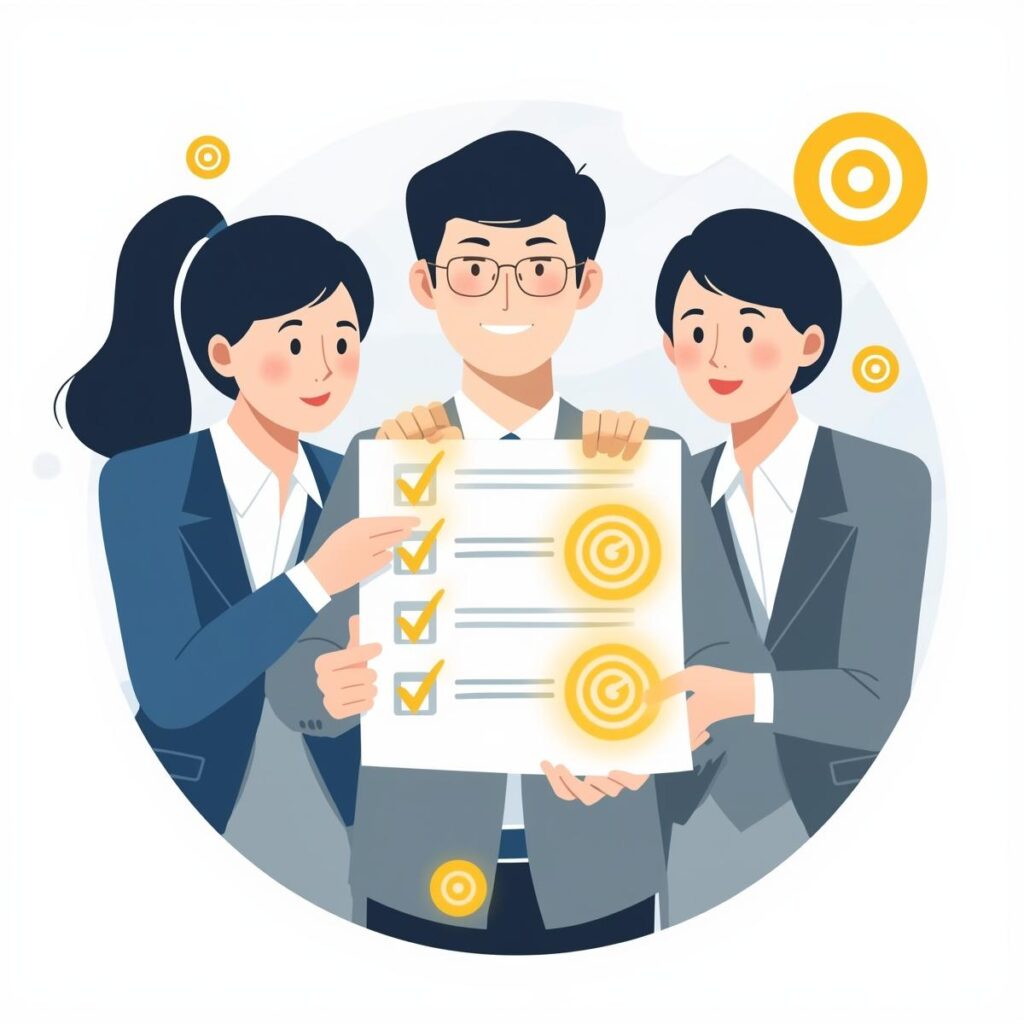 20代・30代・40代の日本人ビジネスパーソンが、チェックリストやターゲットアイコンに沿って行動ステップを踏んでいるイラスト