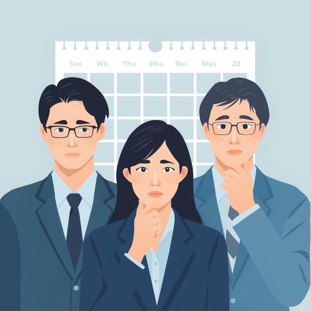 20代・30代・40代の日本人ビジネスパーソンが、転職のタイミングを示すカレンダーを見ながら考えているイラスト