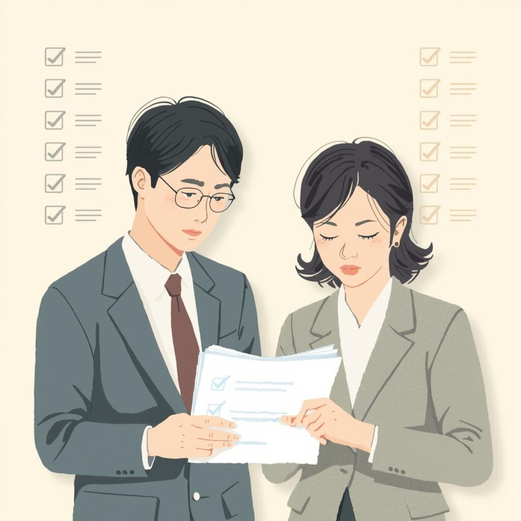 続けるか辞めるかを判断するチェックリストを見つめる日本人のビジネスパーソンのイラスト。