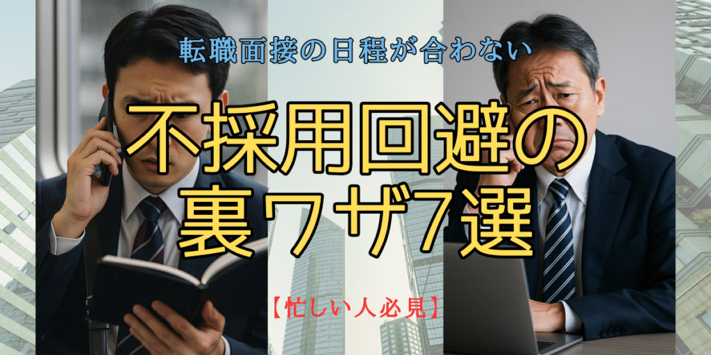 スーツ姿の20代男性サラリーマンが、スマートフォンを見ながら面接日程の調整に悩んでいる様子。夕方のオフィス街を背景に、困った表情を浮かべている。スーツ姿の50代日本人男性面接官が、会議室の机の前で腕を組みながら困った表情をしている。面接の対応に悩んでいる様子が伝わるビジネスシーン。