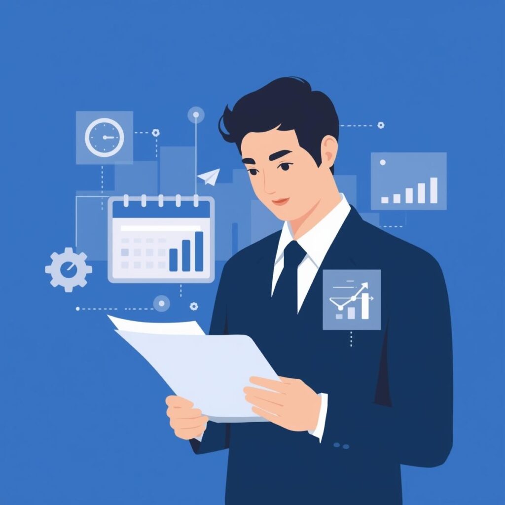 30代前半の日本人ビジネスパーソンが資料とカレンダーを確認し、転職の最適タイミングを検討するイラスト