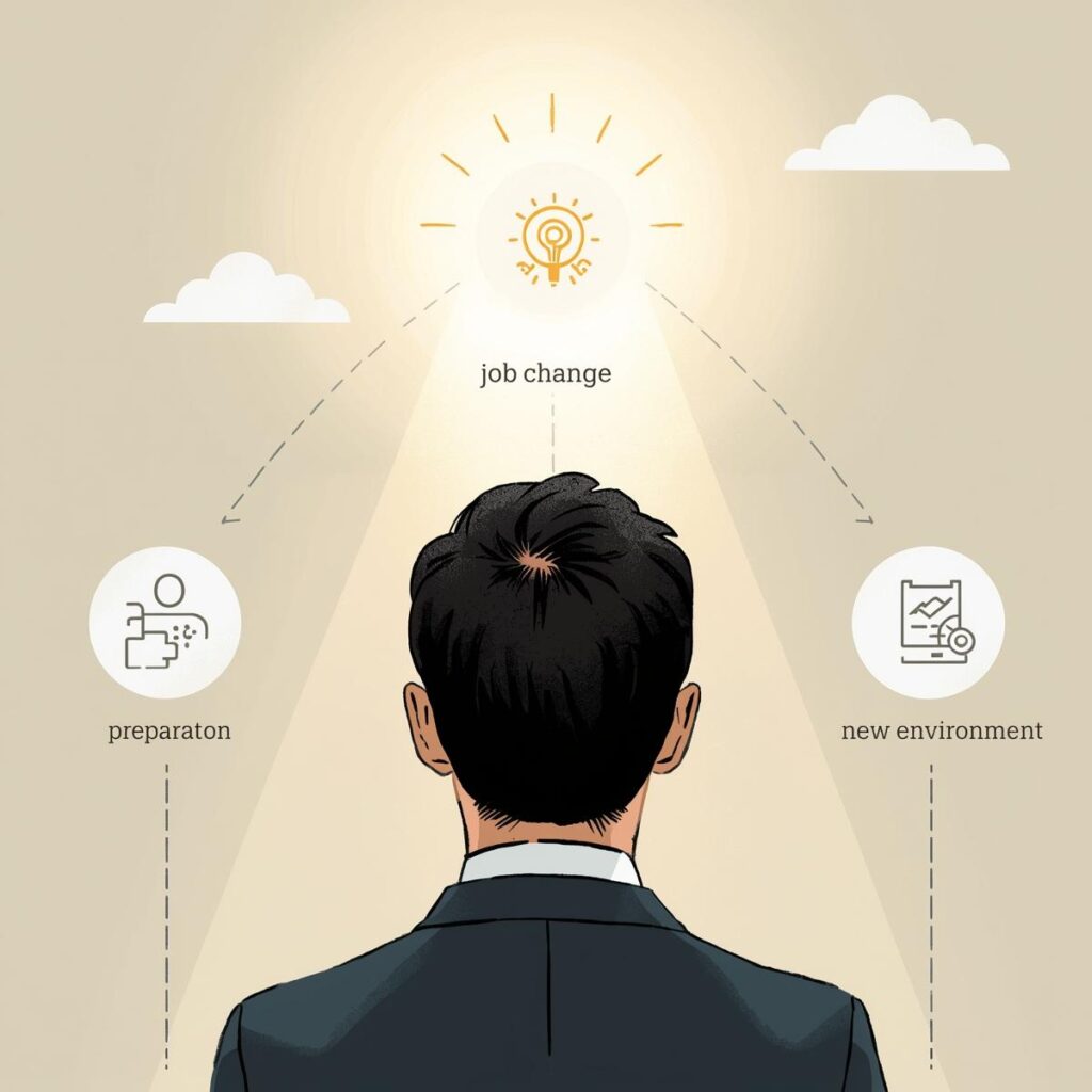 新しい環境へ向かうために一歩踏み出す日本人ビジネスパーソンのイラスト。