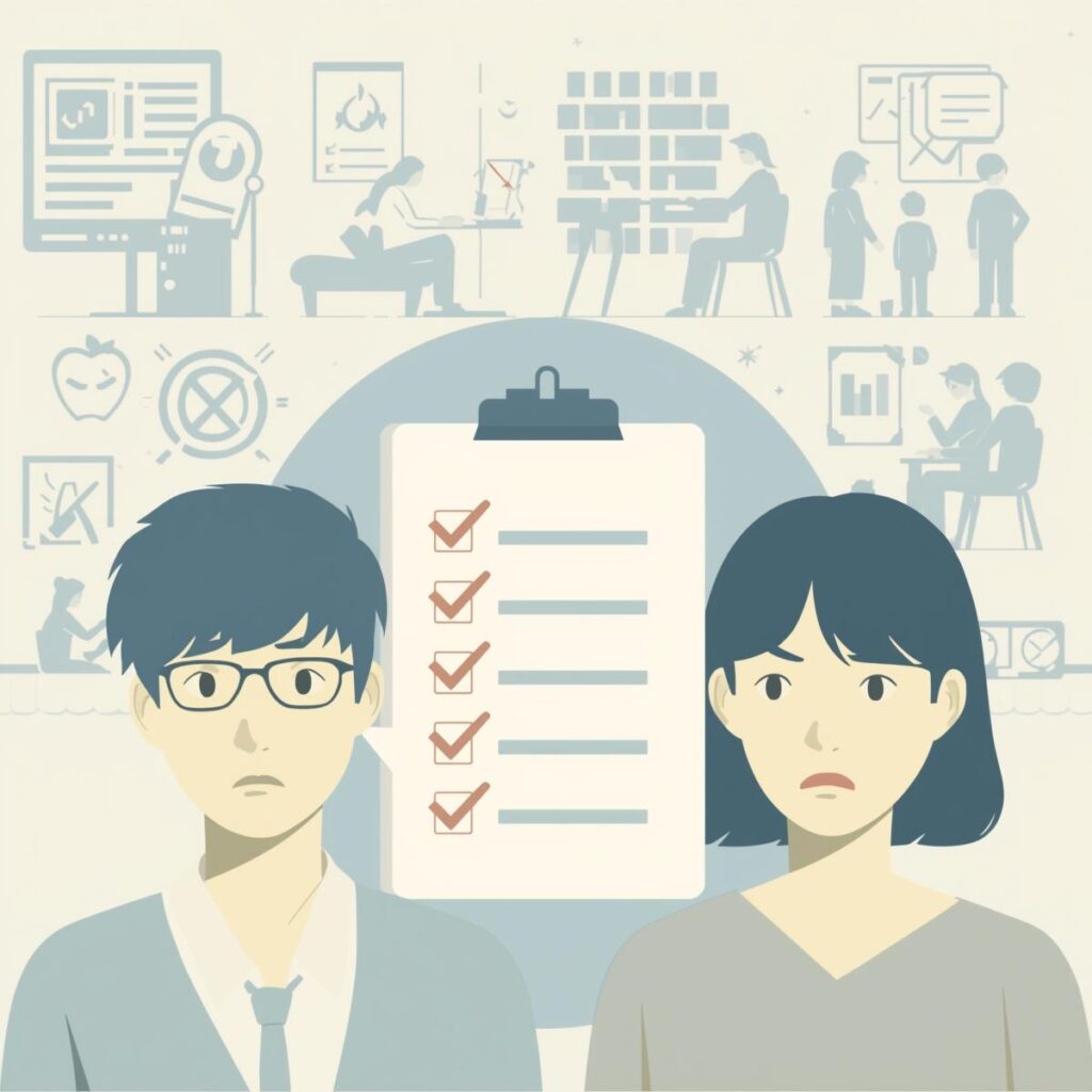 就活に悩む20〜30代の男女が不安そうな表情で立っており、背後には「5つの共通ミス」を示すチェックリストと、面接・応募・作業風景などのアイコンが淡く描かれたイラスト。