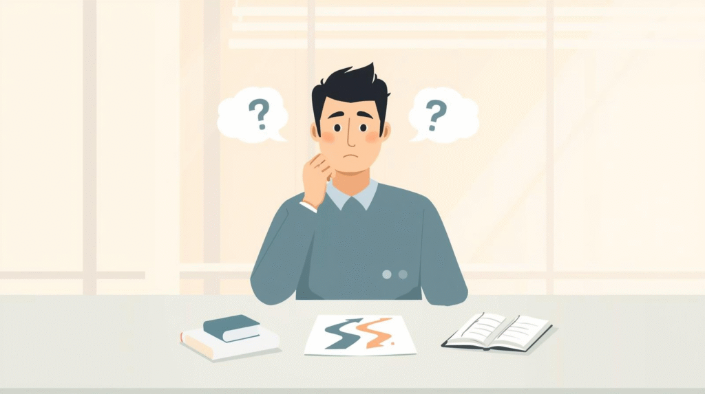 机に座って悩む男性のイラスト。目の前にはノートと資料があり、頭の上には疑問符が浮かんでいる。