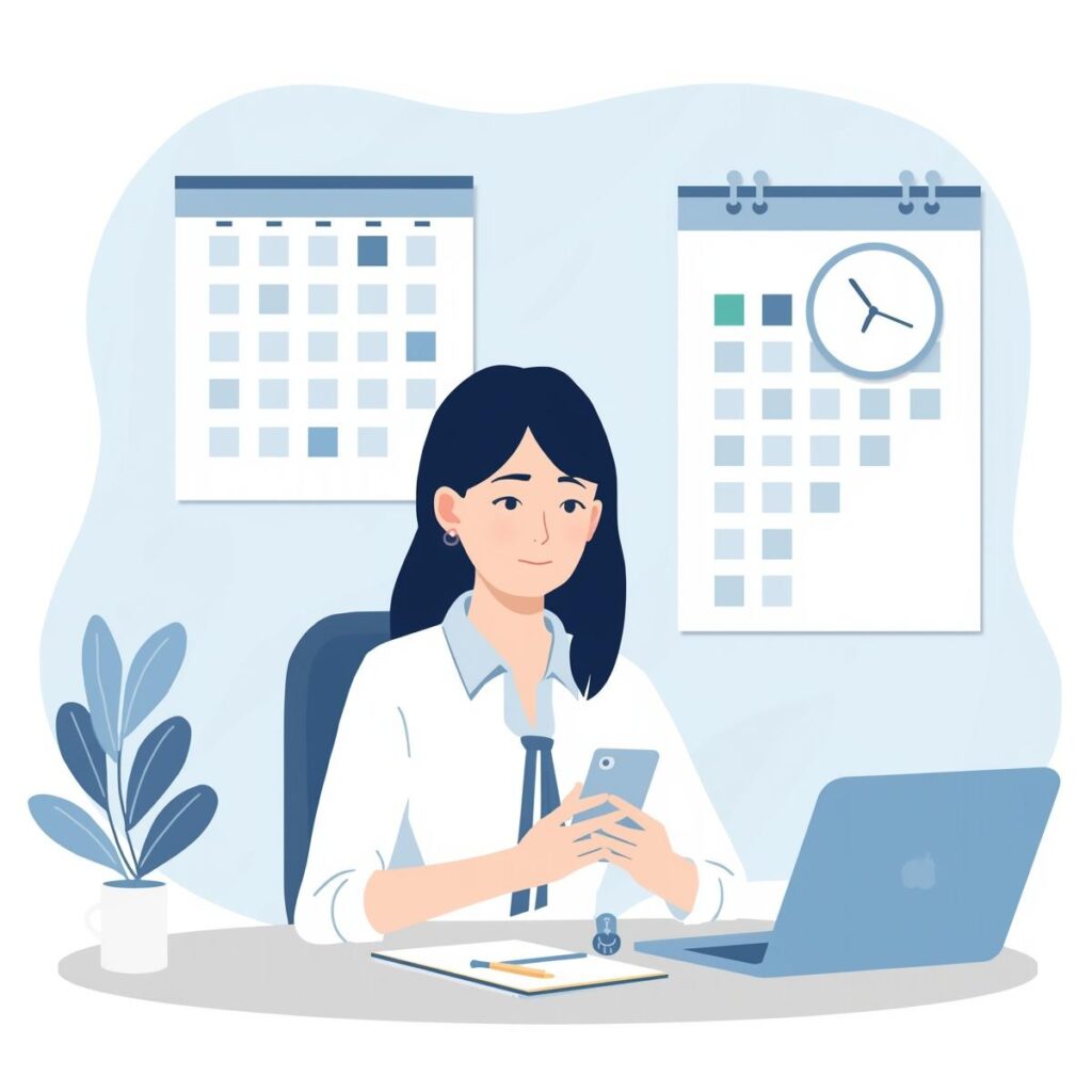 在職中の転職活動で、カレンダーやノートパソコンを使いながら面接日程と休暇の使い方を計画するビジネスパーソンのイメージ。効率的なスケジュール管理を表現したオフィスシーン