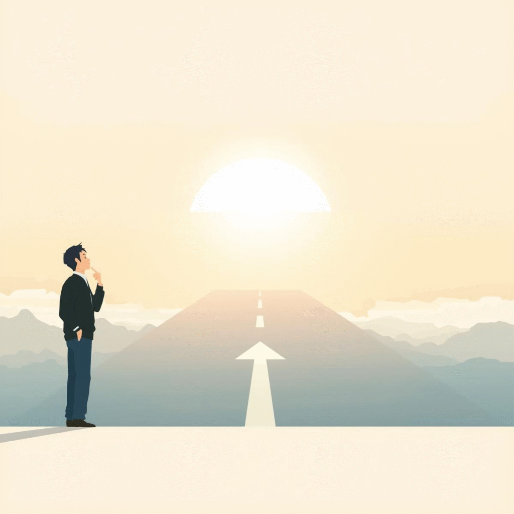 ルート配送が人を選ぶ仕事というテーマを象徴するイラスト。立ち止まり考える人物と分かれ道、光へ続く道