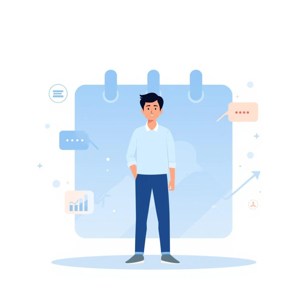 20代の日本人社会人が、転職に適した月が強調されたカレンダーに向かって
前向きに準備する様子のイラスト