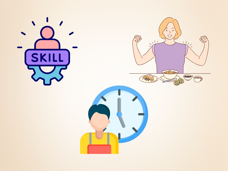 スキルアップのアイコン、食事を楽しむ女性、時計の前で立つ男性が描かれたイラスト。資格学習・生活リズム改善・健康管理などブランク中の前向きな行動を表している。